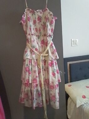 LoveShackFancy White Floral Tiered Sundress with Pink Flowers and Yellow Sash